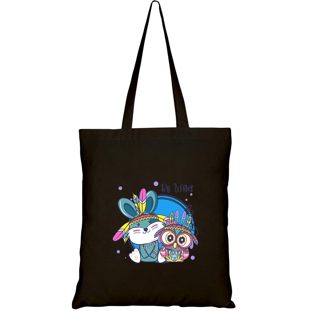 Túi vải tote canvas HTFashion in hình cute cartoon tribal owl bunny with feathers HT222