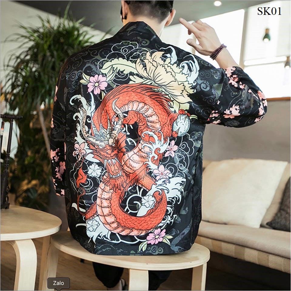 ÁO HAORI KHOÁC NGOÀI HOẠ TIẾT RỒNG ĐỎ HOA ĐÀO CÁ TÍNH A01