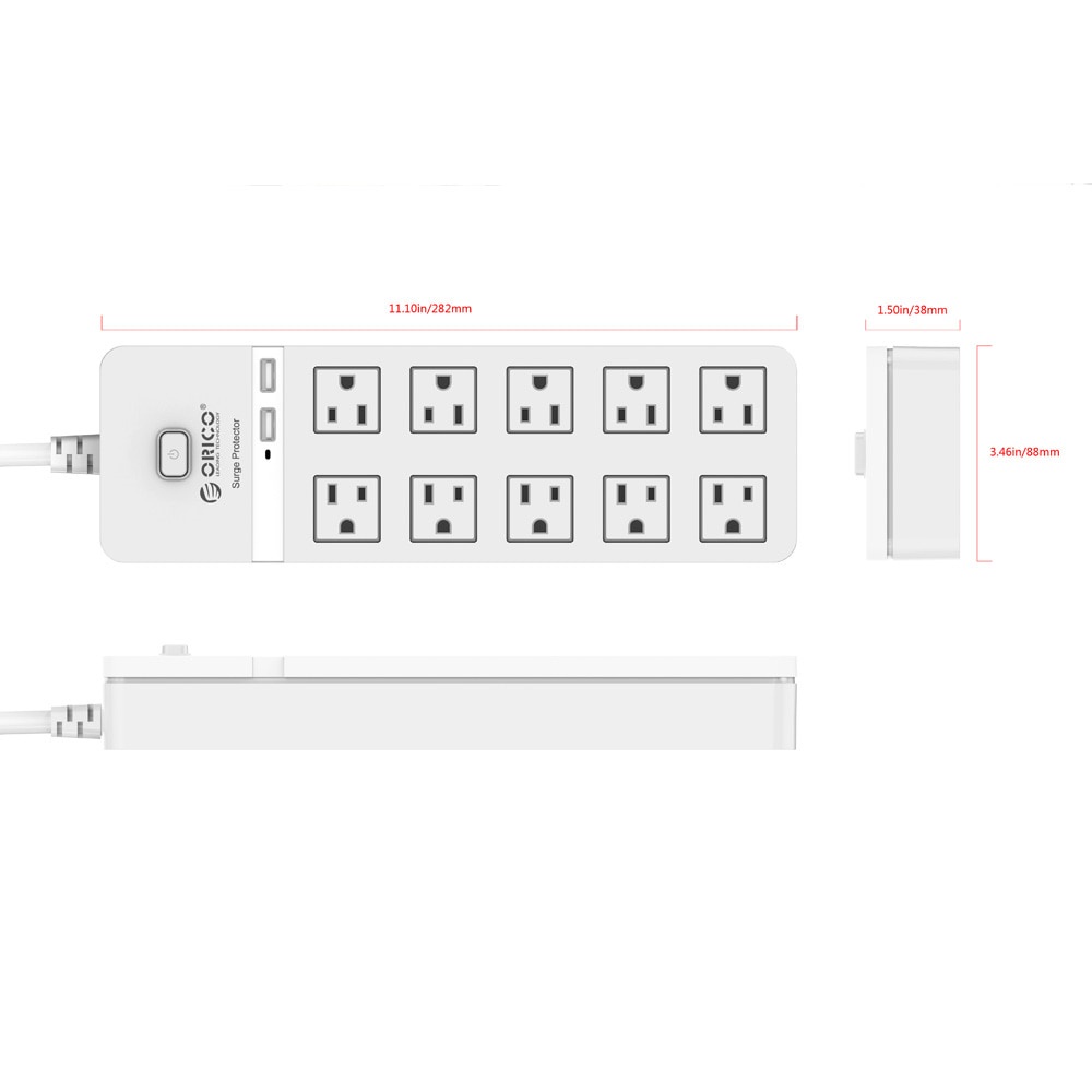 Ổ cắm điện ORICO SPT-S10U2-WH với 10 cổng cắm AC và 2 cổng USB (tùy chọn)