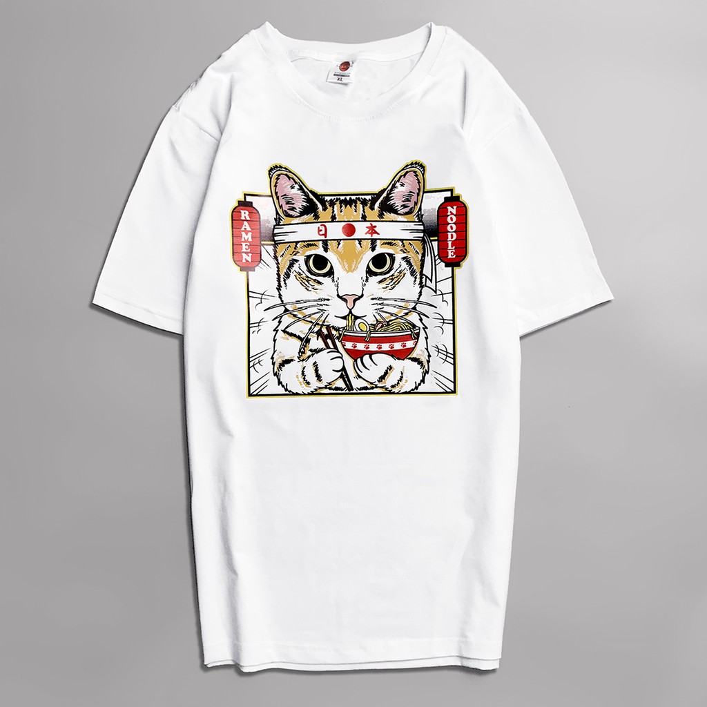 Áo Phông Cotton Ngắn Tay Hoạ Tiết Mèo Ăn Mỳ Mã 1130