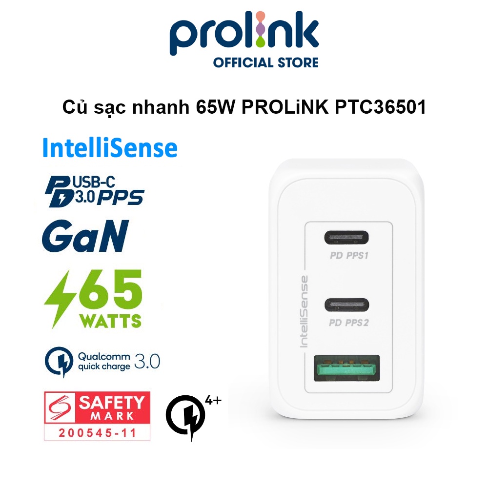 Củ sạc nhanh 65W PROLiNK PTC36501, 3 cổng (USB-A QC 3.0 & 2USB-C PD 3.0) IntelliSense, dùng cho điện thoại, iPad, Laptop