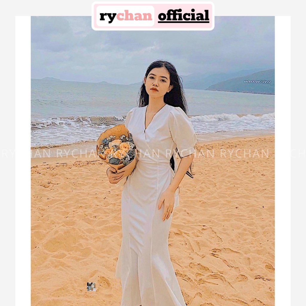 Đầm Đi Biển Maxi Trắng Đuôi Cá Đắp Cổ Tay Phồng Cột Lưng Lót Trong Dày Dặn [Ảnh Thật Cuối] - DM0107