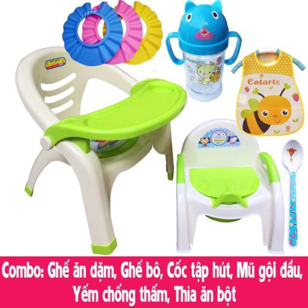 Combo Ghế ăn dặm, Ghế bô, Cốc tập hút, Yếm, Thìa, Mũ tắm cho bé [Thanh Mai Shop]