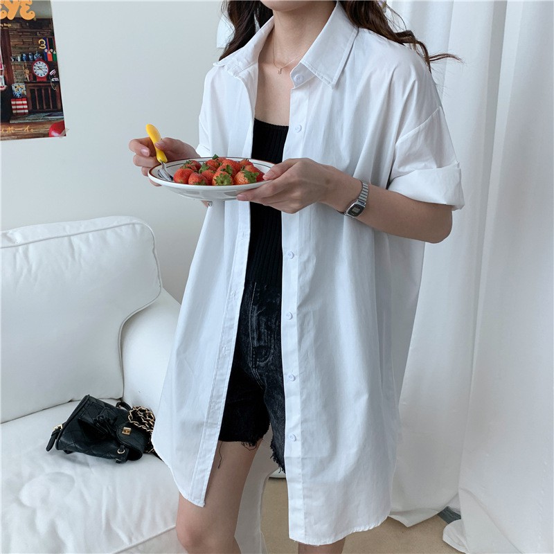 Lengthy Shirt AS4 - Sơ mi tay lửng, dáng dài, Oversize, form giấu quần dạng váy style Hàn Quốc