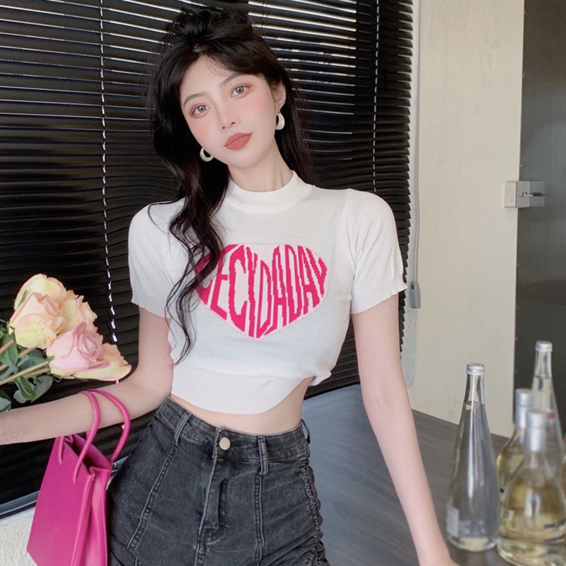 Áo Croptop Dệt Kim Tay Ngắn Cổ Tròn In Chữ Thời Trang Dành Cho Nữ