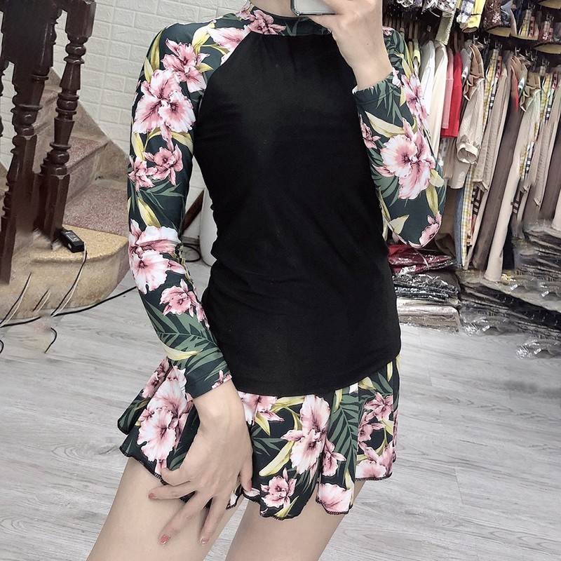 Đồ bơi bikini 2 mảnh tay dài chân váy xòe có quần lót trong Tặng kèm mút lót ngực tiện lợi QP009