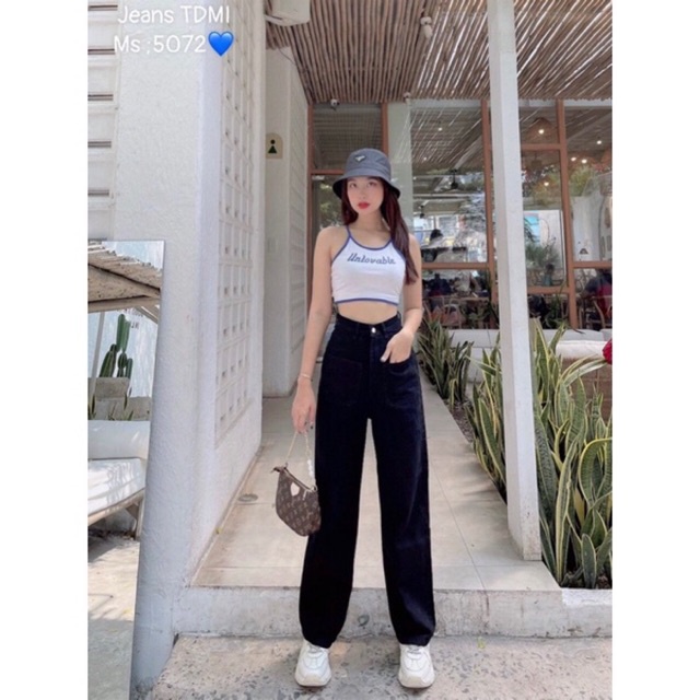 Quần jean nữ ống suông rộng cạp lưng cao | BigBuy360 - bigbuy360.vn