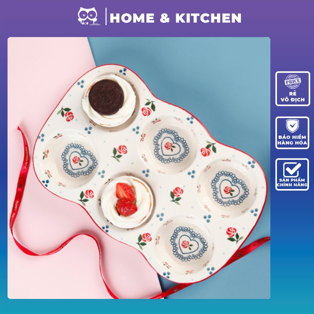 Bộ bát đĩa gốm sứ cherry Khay làm bánh 6 ô tiện lợi CÓ SẴN