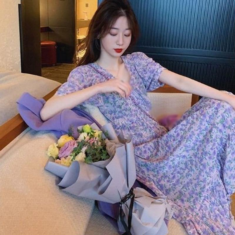 Đầm maxi tay ngắn hoạ tiết hoa thiết kế cổ chữ V thời trang nữ tính