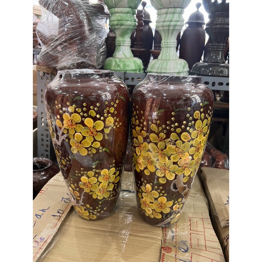Bình hoa gỗ lớn vẽ cành hoa mai đào mỹ nghệ cao cấp - Cao 30cm
