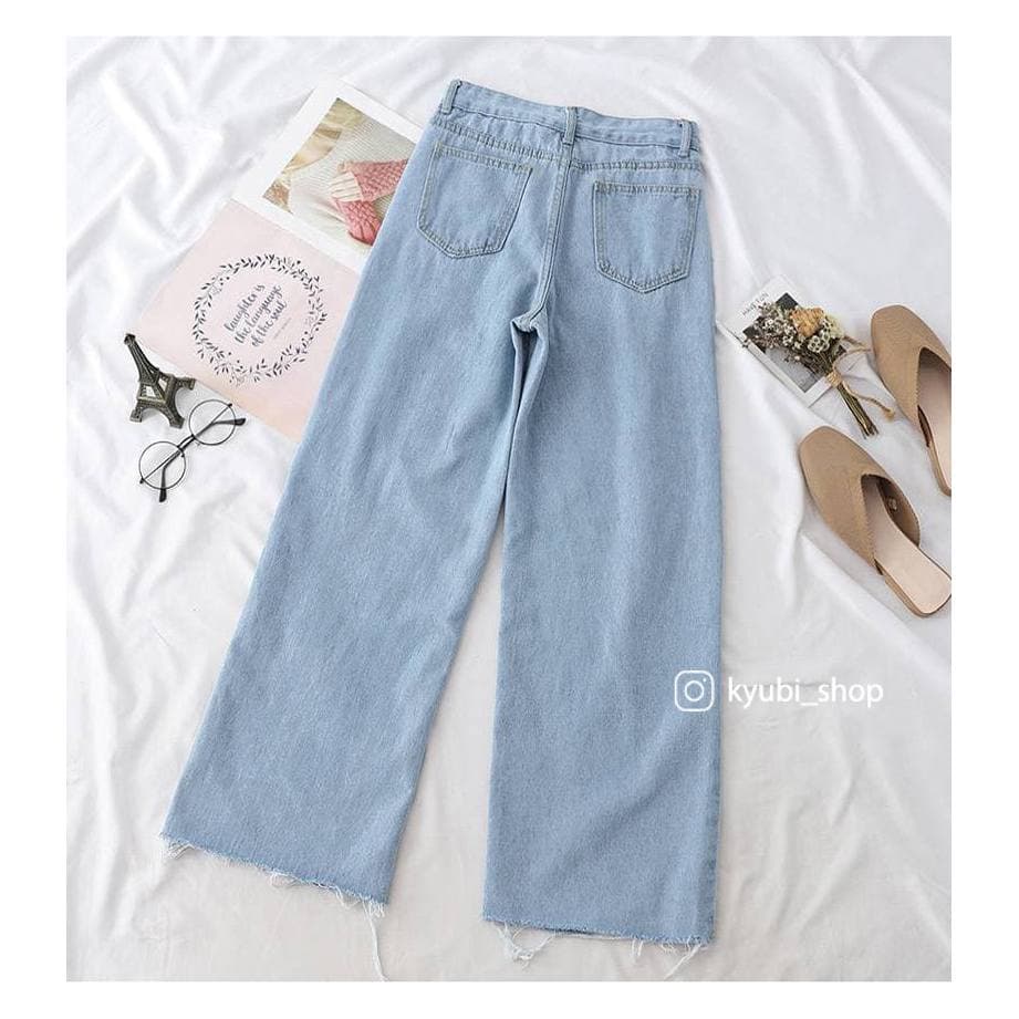 Quần jean baggy nữ ống rộng Ulzzang Kyubi cắt lai tua cá tính (Có bigsize) - Jean cullote Kyubi BJR21