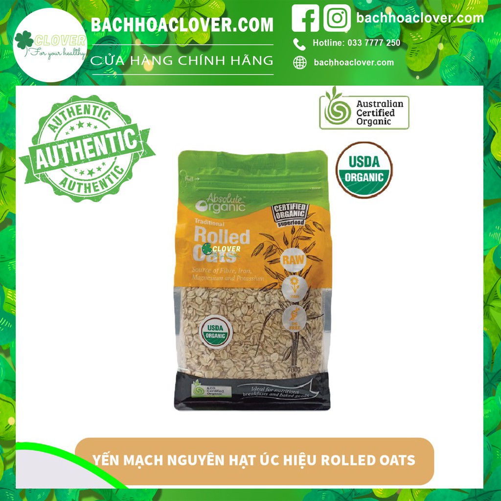 Yến mạch nguyên hạt ăn liền Absolute Organic hiệu Rolled Oats nhập khẩu Úc túi 700gr giúp giảm cân, cho bé ăn dặm