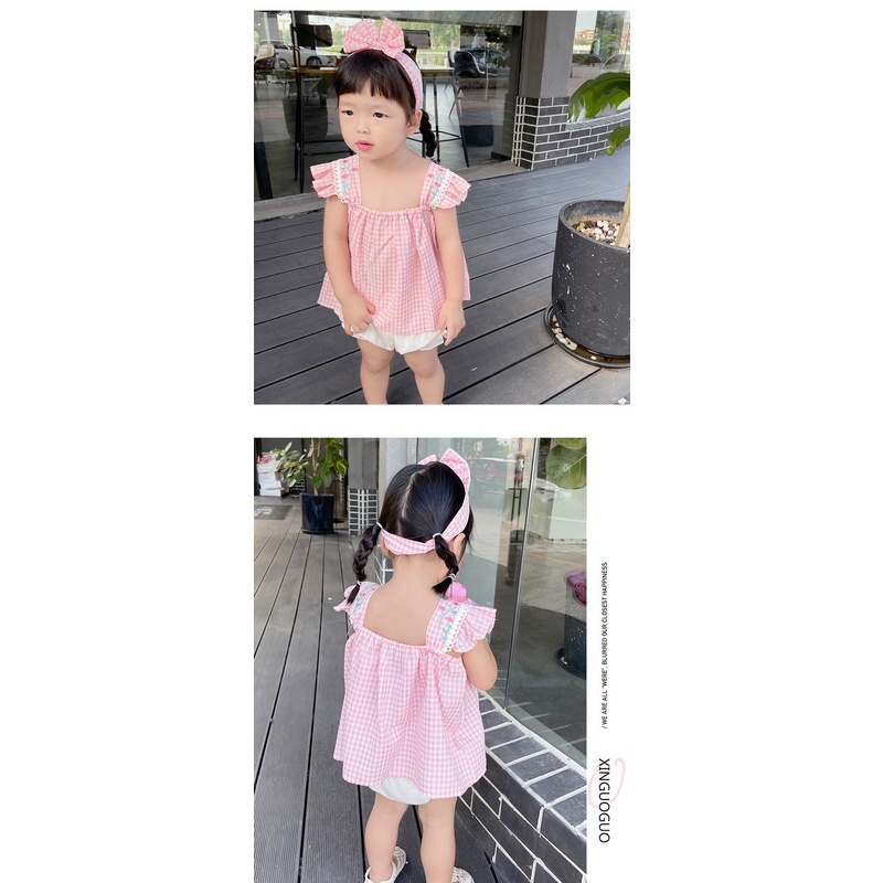 Set Đồ Mùa Hè 3 Món Gồm Đầm Không Tay + Quần Ngắn + Băng Cài Đầu Thời Trang Hàn Quốc Cho Bé Gái