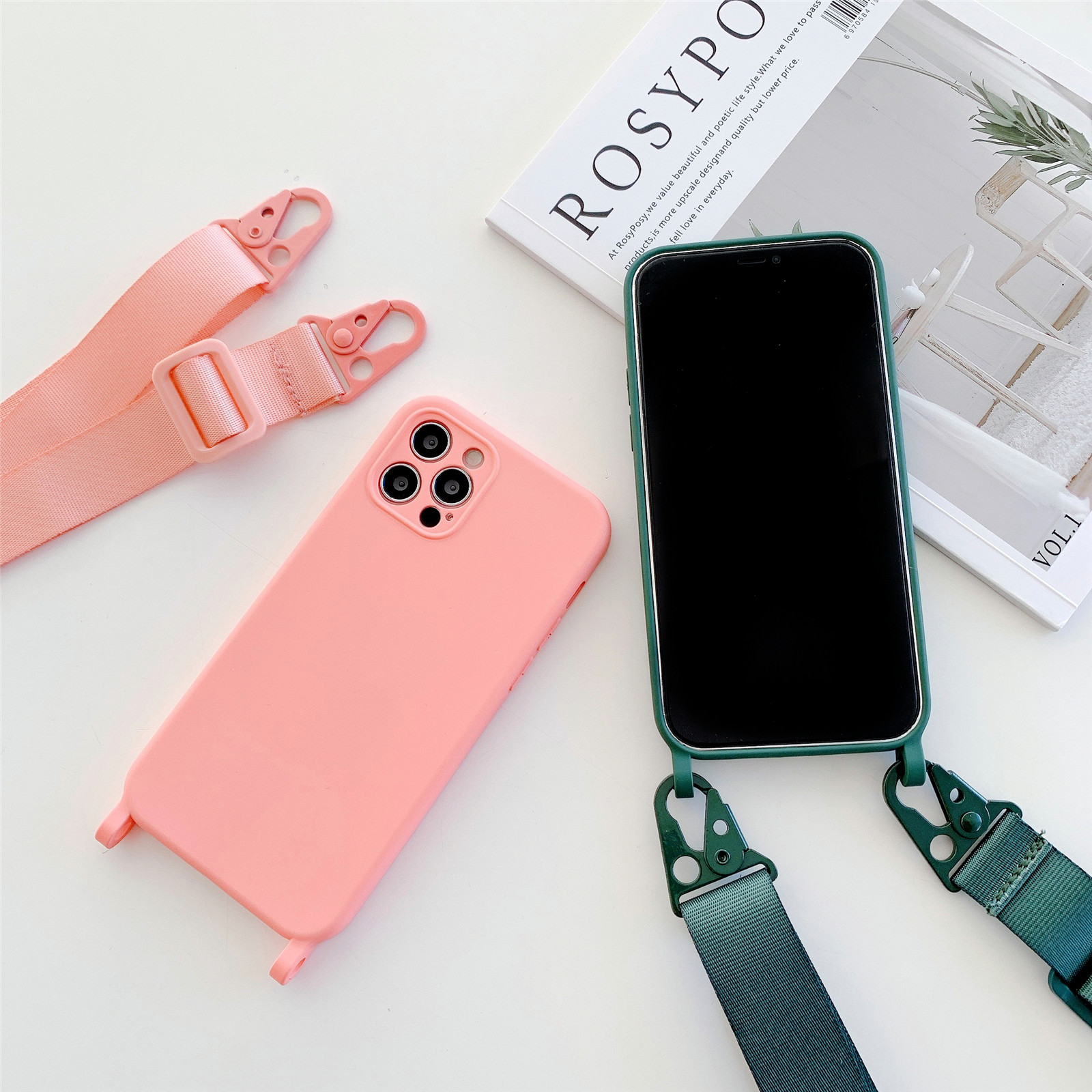 iPhone 12 Mini 11 Pro Max Plus 8 7 Plus + X Xr Xs Max Soft Silicon Case Fine hole Candy Color Phone Case Cover with Long Strap