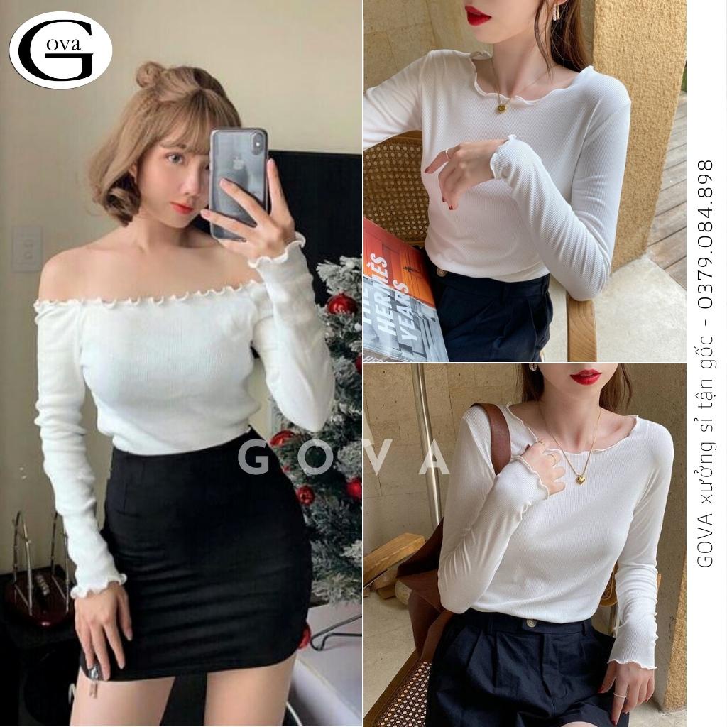 Áo Croptop TAY DÀI TRỄ VAI XOĂN Thun Gân Kiểu Sexy Nữ, Áo Thun Ôm Body Đẹp GOVA