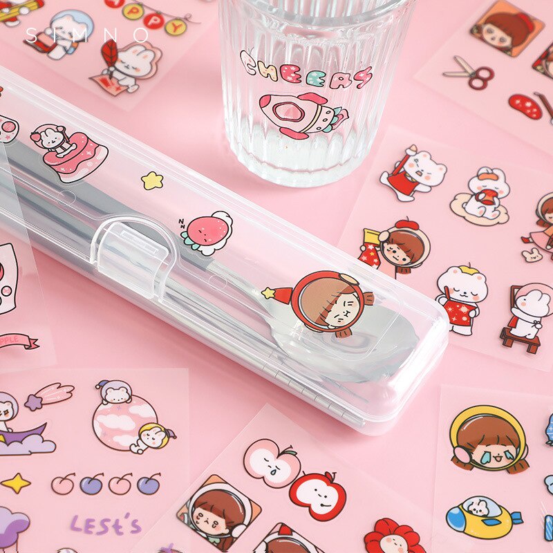 Set 100 tờ nhãn dán PET hình cô gái hoạt hình dễ thương