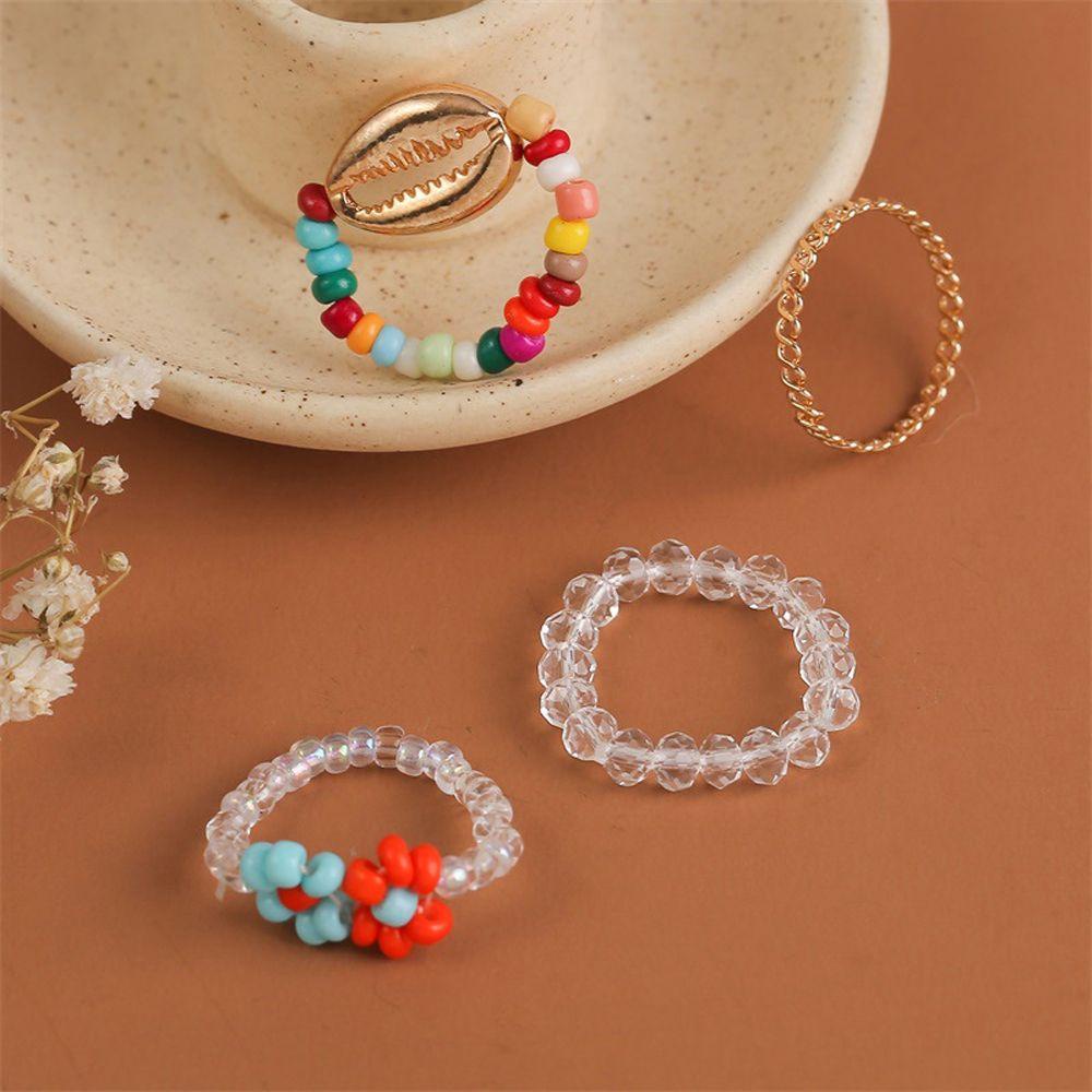 Set 4 Nhẫn Đeo Tay WMES15H Mặt Hình Vỏ Sò / Hoa Đính Hạt Nhiều Màu Có Thể Điều Chỉnh Làm Quà Tặng Valentine
