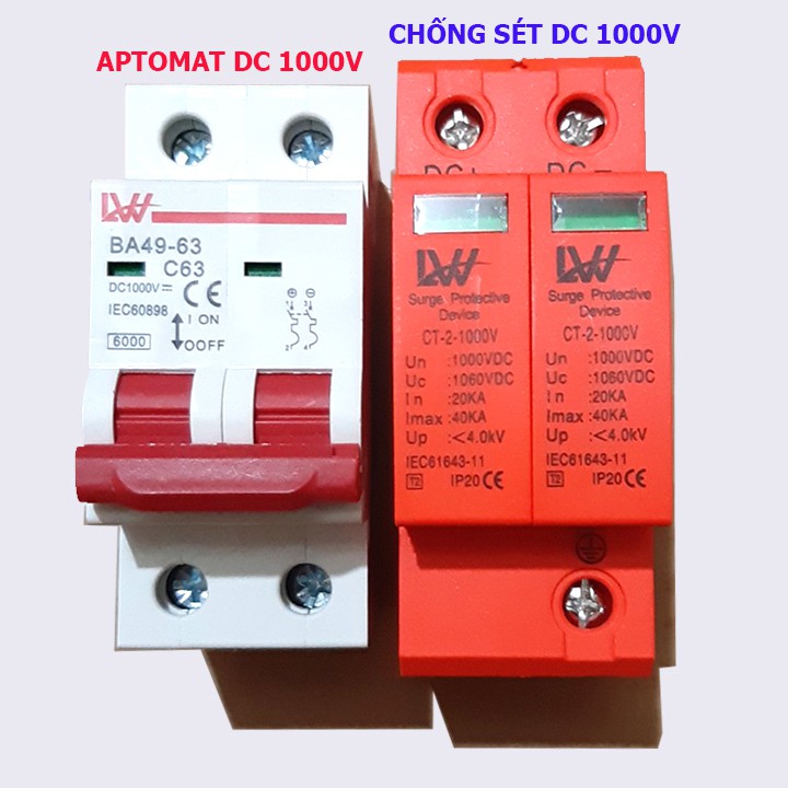 [Mã LIFEXANH03 giảm 10% đơn 500K] COMBO CHỐNG SÉT DC 1000V VÀ APTOMAT DC 1000V 16A, 20A, 25A, 32A, 40A , 63A