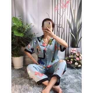 Pijama mặc nhà cổ phối lụa mango