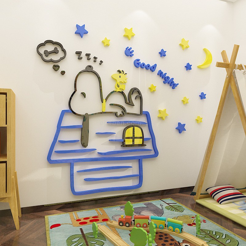 Tranh dán tường mica 3d decor khổ lớn snoopy ngủ trên mái nhà trang trí mầm non, phòng cho bé Nhiều Size - EPeBen