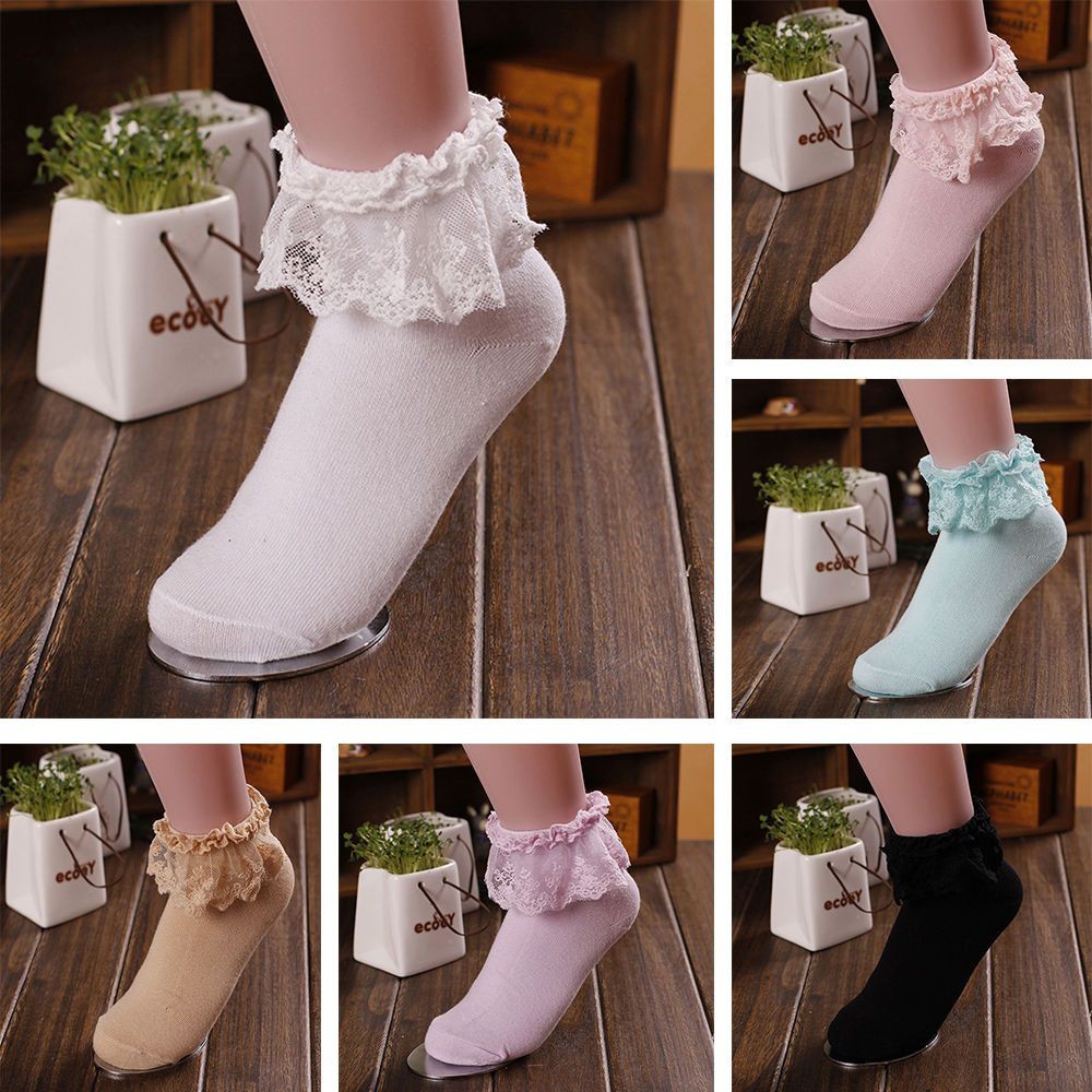 Vớ cotton cổ cao phối ren nhiều màu xinh xắn phong cách vintage