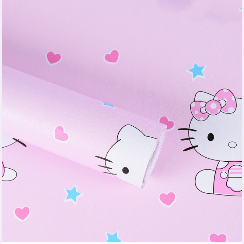 Gấy dán tường Hello kitty hồng trái tim khổ 45cm có keo sẵn (giá bán 1 mét dài), giấy decal dán tường phòng ngủ cho bé