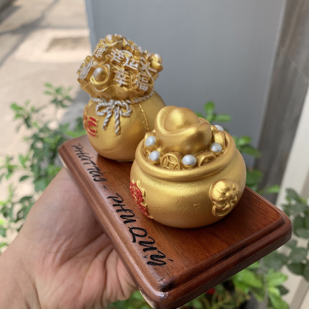 2 tượng bao tiền phong thủy chiêu cầu tài lộc kèm đế gỗ - Chiều Cao 7cm