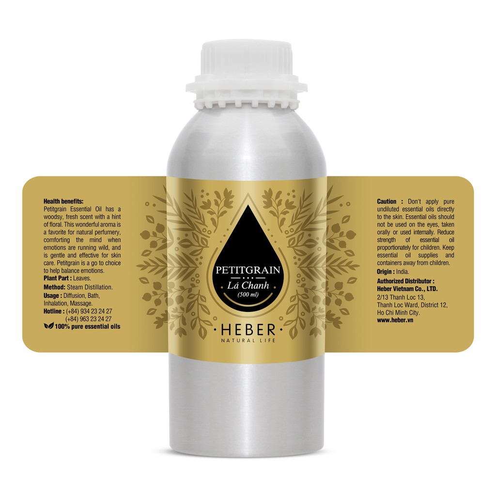 (Chai Lớn 500ml/1000ml)Tinh Dầu Lá Chanh Petitgrain Heber Natural Life, Cao Cấp Nhập Khẩu, Thiên Nhiên Nguyên Chất