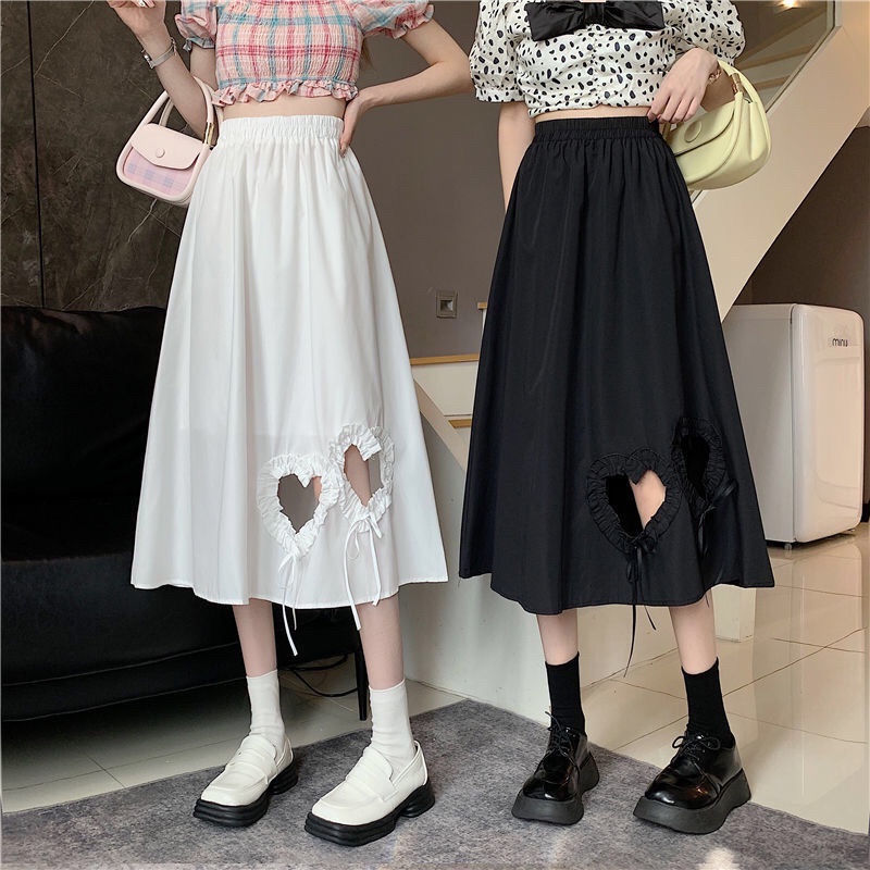Chân Váy Chữ a Lưng Cao Dáng Ôm Họa Tiết Nơ/ Trái Tim Màu Trắng Thời Trang Xinh Xắn Cho Nữ