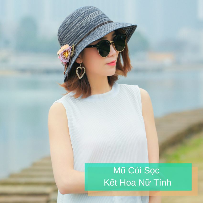 Mũ nón cói sọc kết hoa nữ tính