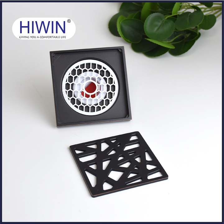 Phễu thoát sàn ngăn mùi hôi thoát nước nhanh đồng mạ đen kích thước 100x100mm HIWIN FD-1415B