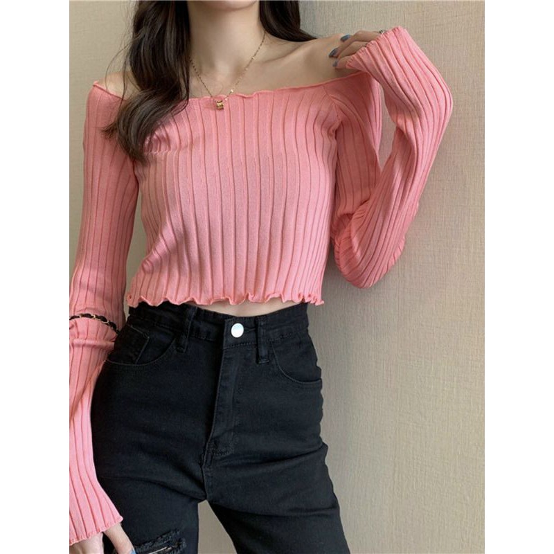 Áo len trễ vai bèo croptop hàng QC