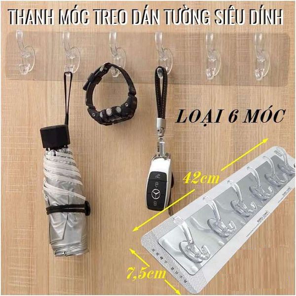 THANH MÓC DÍNH TƯỜNG ĐA NĂNG 6 MÓC DÙNG NHÀ TẮM, NHÀ BẾP