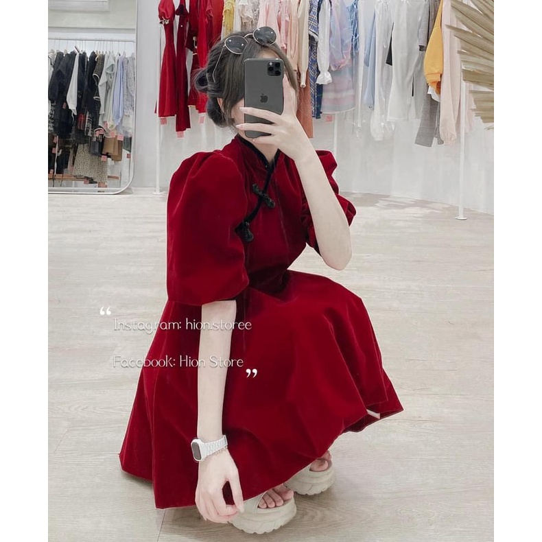 ĐẦM NHUNG TAY BỒNG CỔ TÀU
