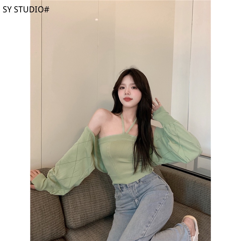 SUXI Set áo croptop dệt kim + áo hai dây phong cách thời trang hàn quốc