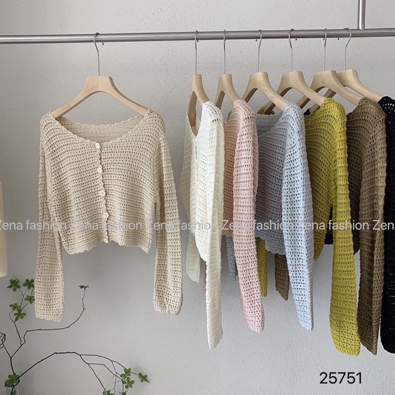 Áo len cadigan hạt gạo đan sợi lỗ nhỏ vintage cộc tay, dài tay