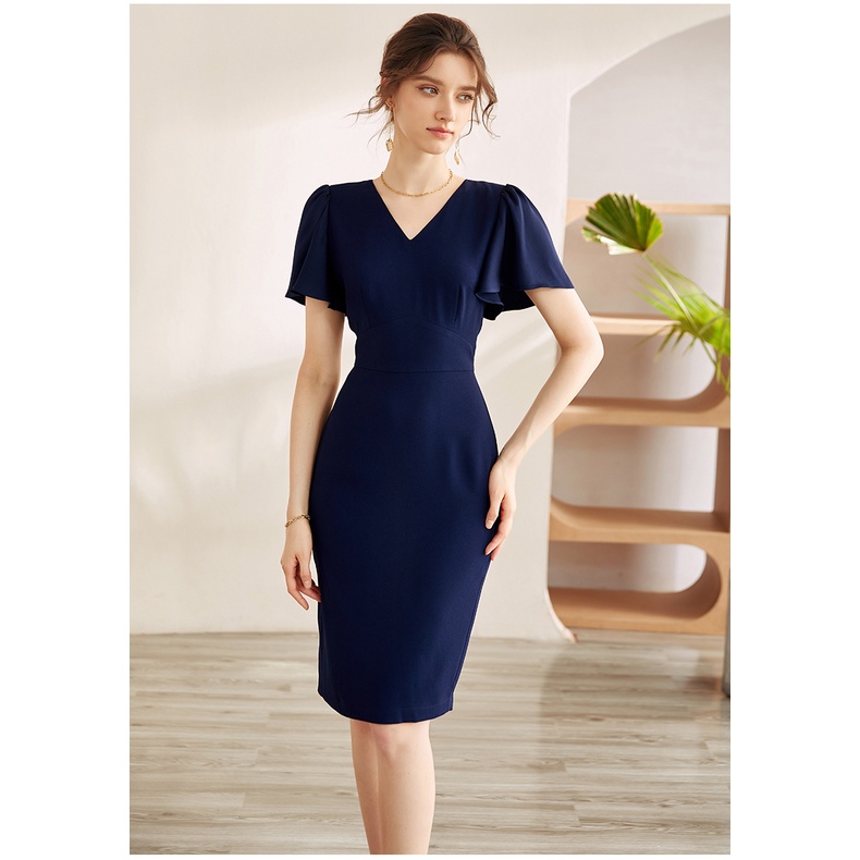 Đầm cổ tim tay ngắn loe bèo dáng bút chì trơn xanh đen