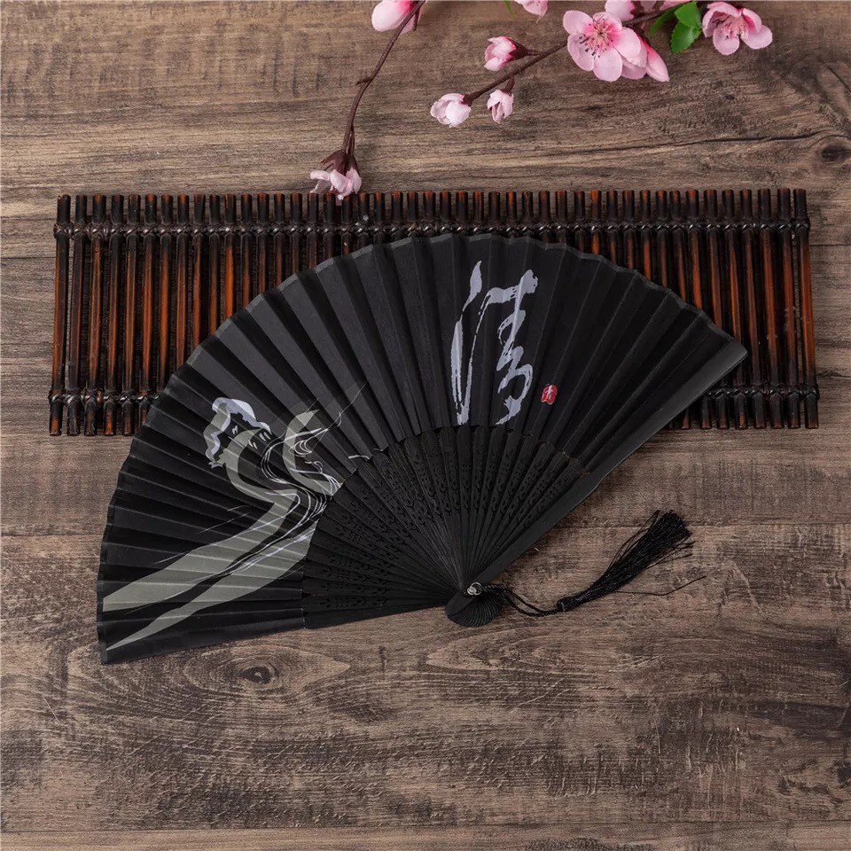Quạt cổ trang dây tuyến TRÚC THƯ PHÁP ĐEN lụa xếp cầm tay phong cách Trung Quốc quà tặng xinh xắn