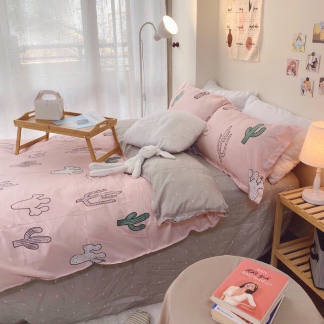 Bộ chăn ga gối Cotton Poly họa tiết xương rồng màu hồng xám MÂY BEDDINB đủ kích thước nệm