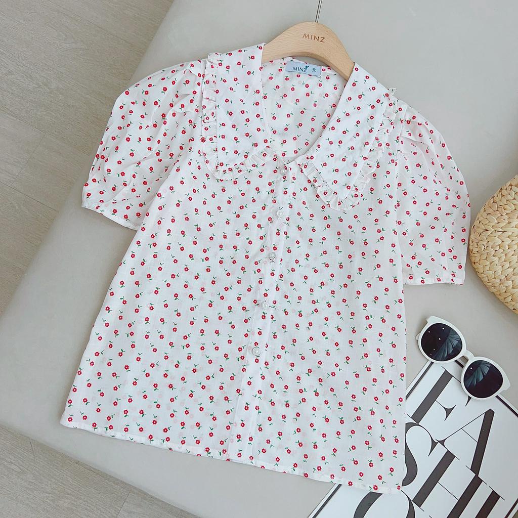 Áo Sơ Mi Thô Hoa MINZ STORE Mã 3859, Thiết Kế Cổ Sen Viền Bèo