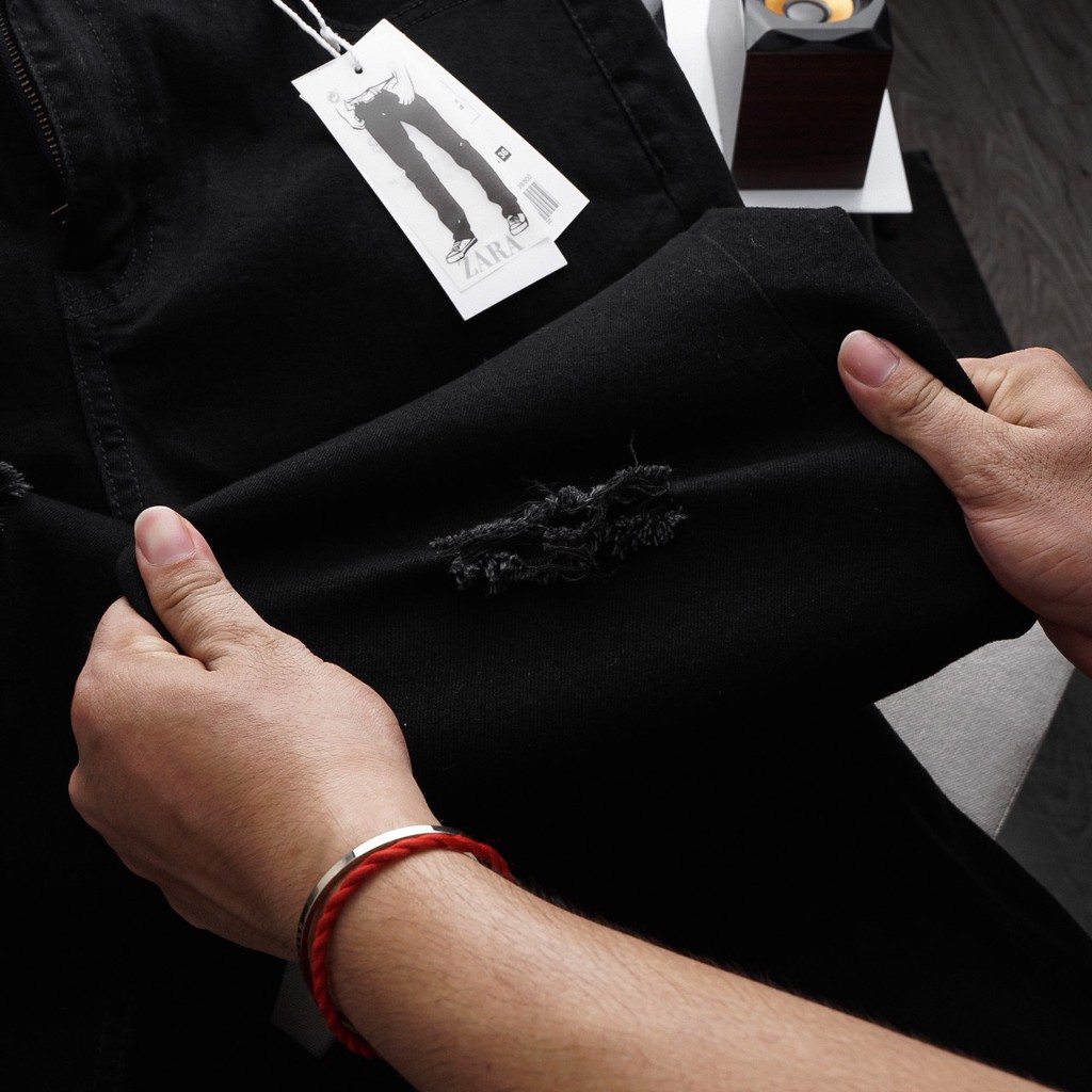 [bigsize &lt; 130kg] quần jean nam rách 2 gối bigsize màu đen ống đứng mã 06