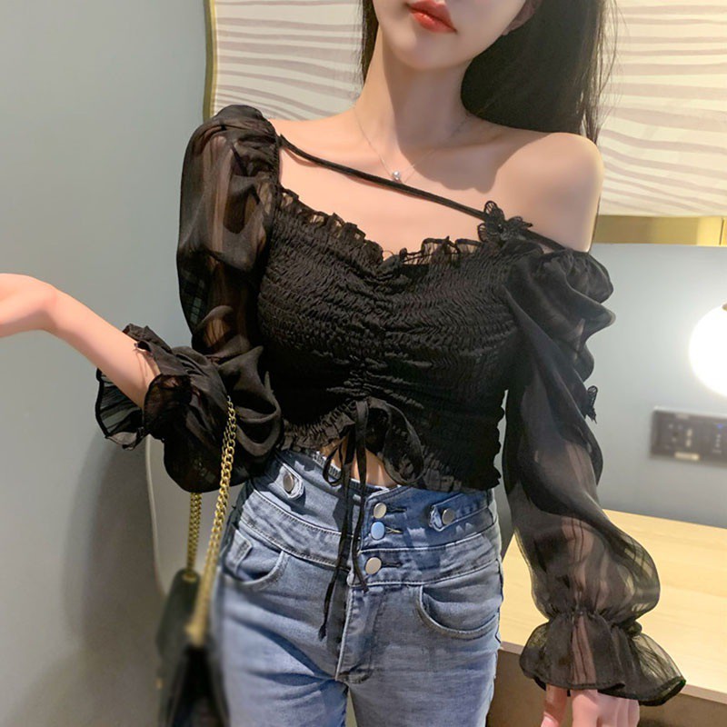 Women's Solid V Neck Butterfly Appliques Sexy Long Sleeve Chiffon Shirts Blouses
