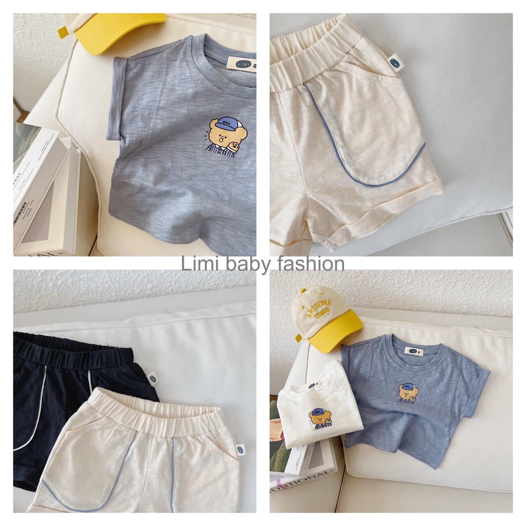 Bộ cotton xước cộc in gấu Limi cho bé