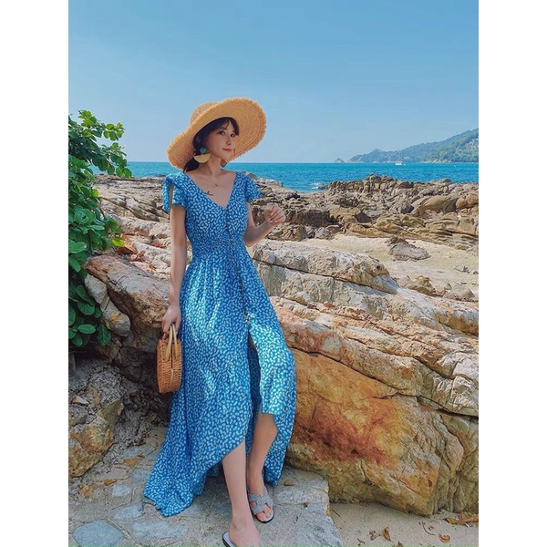 Đầm maxi hoa nhí xanh hở lưng cực vintage nàng thơ lên hình chất chill