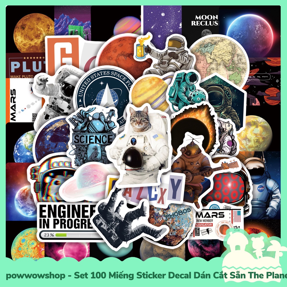 [Sẵn VN - Hỏa Tốc] Set 100 Miếng Sticker Decal Cắt Sẵn DIY Dán Trang Trí Vật Dụng Mẫu The Planets &amp; The Cats