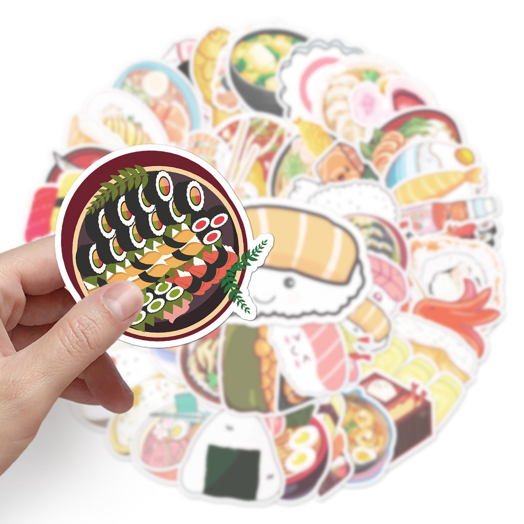 Combo 30 Sticker Chống Nước Decal Dán Điện Thoại Laptop Mũ Bảo Hiểm Vali Guitar Bình Nước Sổ Tay [SUSHI WASABI FOOD]