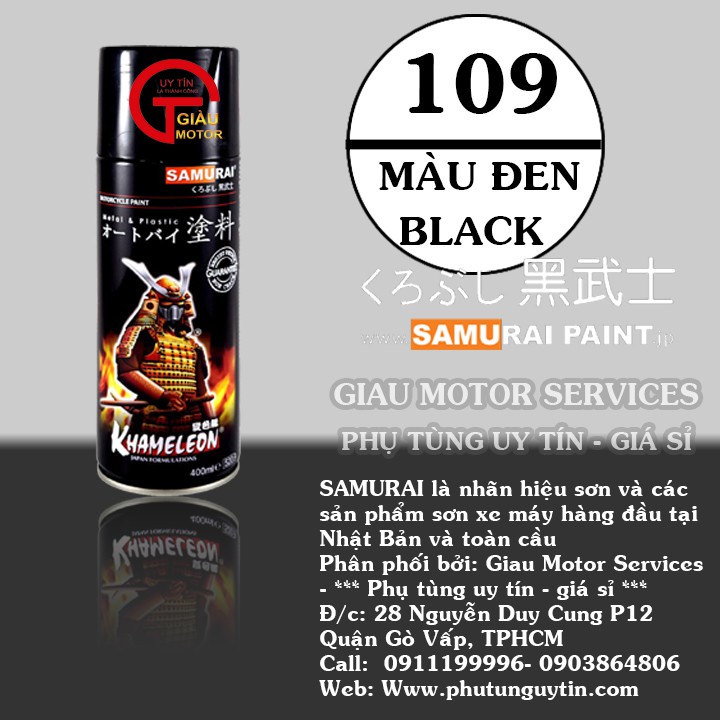 109 _ Chai sơn xịt sơn xe máy Samurai 109 màu đen bóng _ Black _ Shop uy tín, giao hàng nhanh, giá rẻ