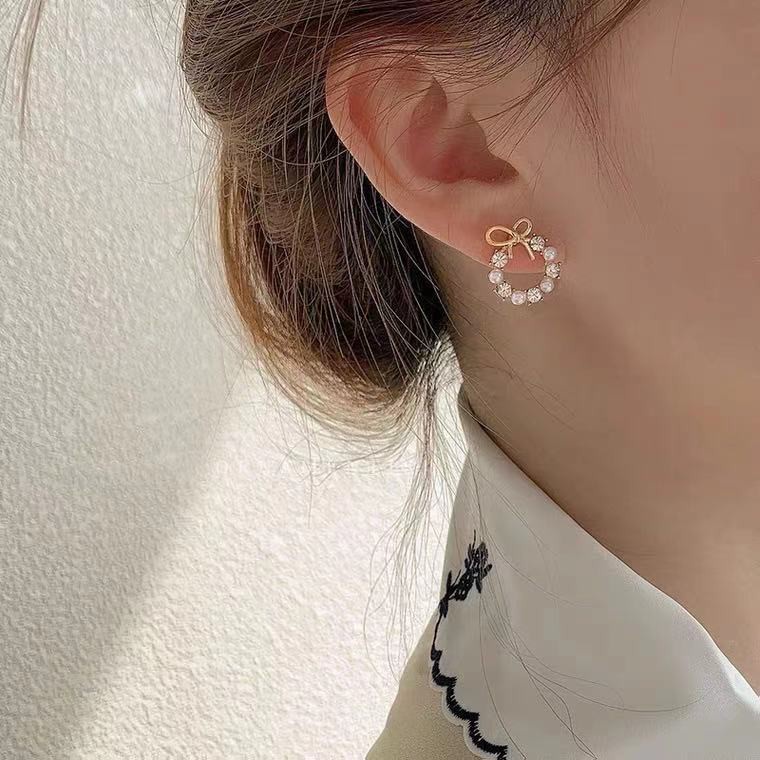 Hoa tai mạ bạc 925 hình nơ đính ngọc trai phong cách xinh xắn cho nữ
