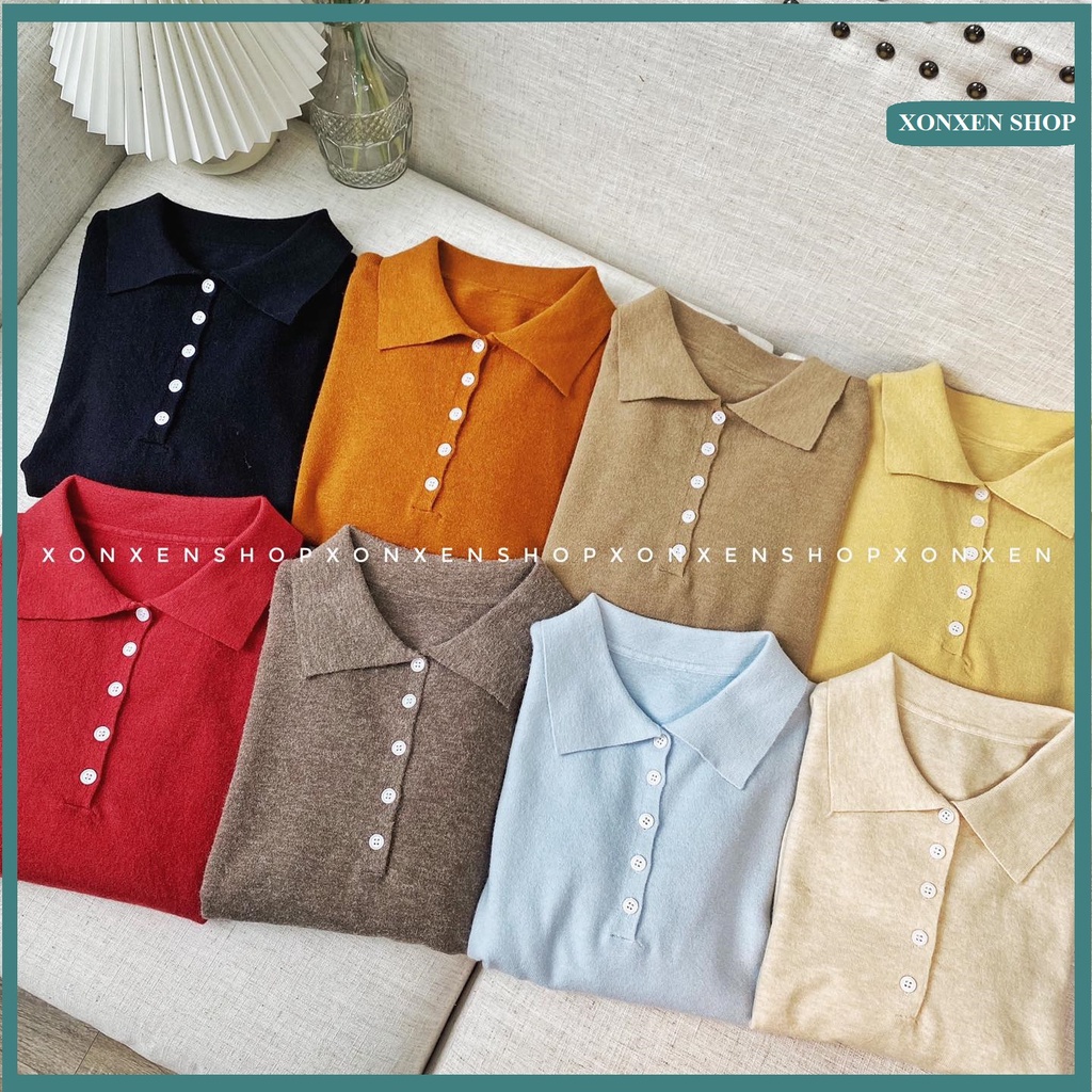 Áo len polo dài tay XONXEN SHOP HUẾ áo len cổ bẻ dài tay chất len mịn dễ thương freesize mã 8089