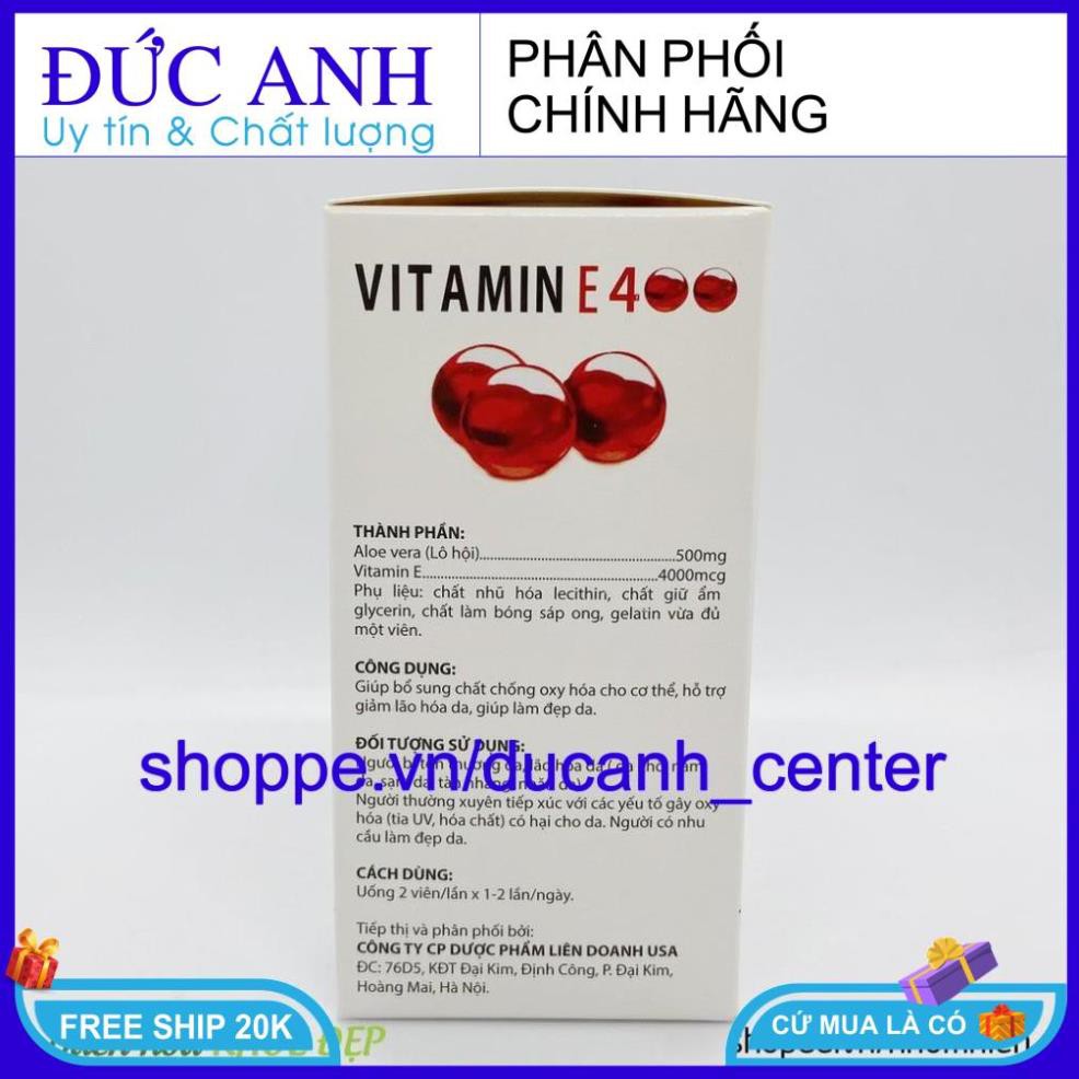 Viên Uống đẹp da Vitamin E Đỏ 4000mcg, Aloe vera 500mg chống lão hóa - Hộp 100 viên chống lão hóa da